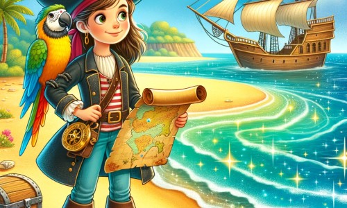 Une illustration pour enfants représentant une pirate audacieuse, en quête d'un trésor légendaire, sur une île mystérieuse.
