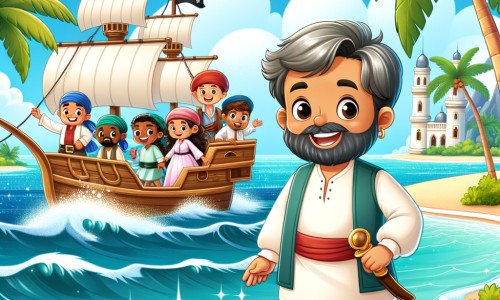 Une illustration pour enfants représentant un homme au sourire radieux naviguant sur un navire pirate à la recherche d'un trésor légendaire, dans les eaux tumultueuses d'une île mystérieuse.