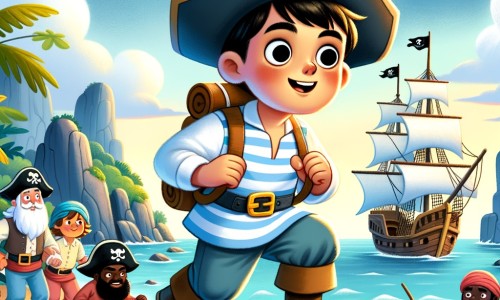 Une illustration pour enfants représentant un jeune marin intrépide, embarqué dans une aventure palpitante à la recherche d'un trésor légendaire, sur une île mystérieuse peuplée de pirates redoutables.