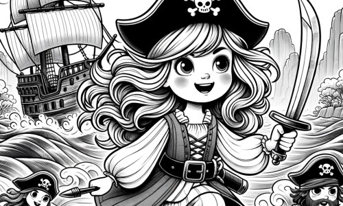 Une illustration pour enfants représentant une pirate intrépide, à la recherche d'un trésor légendaire, sur une île mystérieuse.
