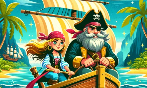 Une illustration pour enfants représentant une jeune femme audacieuse et déterminée, naviguant sur un navire pirate, à la recherche d'un trésor légendaire, dans un village côtier.