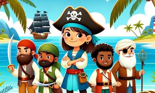 Une illustration destinée aux enfants représentant une femme pirate courageuse, entourée de son équipage, cherchant un trésor caché sur une île tropicale avec des palmiers se balançant doucement au vent, un ciel bleu azur et une mer scintillante.