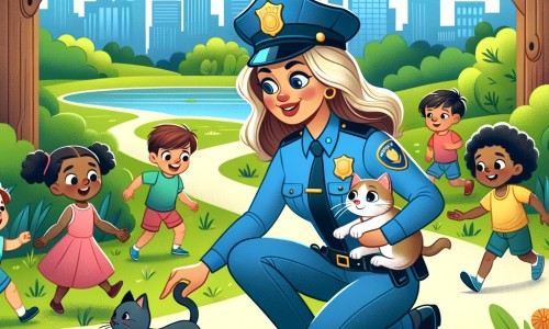 Une illustration destinée aux enfants représentant une femme policière passionnée, résolue et déterminée, qui aide un groupe d'enfants à retrouver leur chat perdu dans un parc verdoyant avec de grands arbres, des sentiers sinueux et des fleurs colorées.