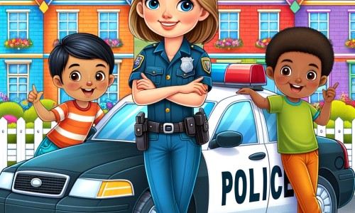 Une illustration destinée aux enfants représentant une femme policière souriante, patrouillant dans sa voiture de police, accompagnée de deux enfants curieux, devant une rue colorée bordée de maisons aux toits pointus et de fleurs multicolores.