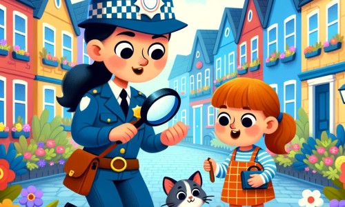 Une illustration pour enfants représentant une femme policière courageuse, résolvant le mystère de la disparition d'un chaton dans un petit village pittoresque.