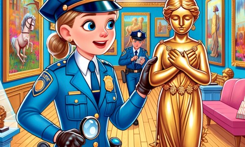 Une illustration destinée aux enfants représentant une jeune femme courageuse en uniforme de police, résolvant le mystère du vol d'une précieuse statue en or avec l'aide de son partenaire, dans une galerie d'art colorée remplie de sculptures et de peintures.
