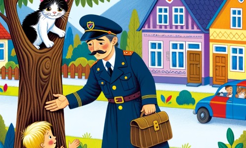 Une illustration destinée aux enfants représentant un homme en uniforme bleu foncé et chapeau noir, aidant un petit garçon à sauver un chat coincé dans un arbre, dans un village paisible avec des maisons colorées et une école joyeuse.