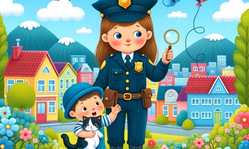 Une illustration pour enfants représentant une policière souriante en train d'aider un petit garçon à retrouver son chat dans une ville animée.