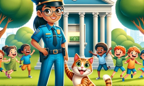 Une illustration destinée aux enfants représentant un courageux policier en uniforme bleu, se tenant devant une banque avec un chat joueur et malin à ses côtés, dans un parc verdoyant avec des arbres majestueux et des enfants jouant joyeusement.