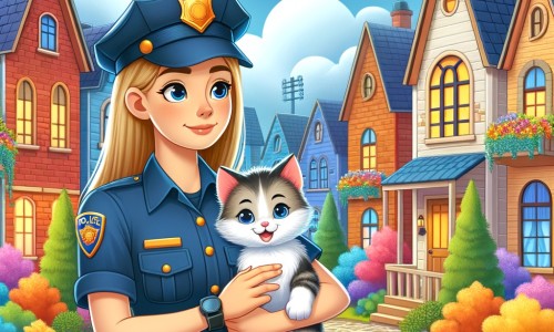 Une illustration pour enfants représentant une femme courageuse et déterminée en uniforme de police, résolvant des problèmes et aidant les gens dans un parc, un quartier résidentiel et une usine abandonnée.
