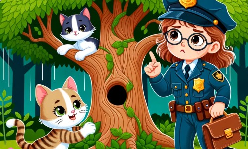 Une illustration destinée aux enfants représentant une femme policière intrépide, résolvant une affaire de vol avec l'aide d'un chaton courageux, dans un parc verdoyant avec un majestueux arbre où le chaton est coincé.