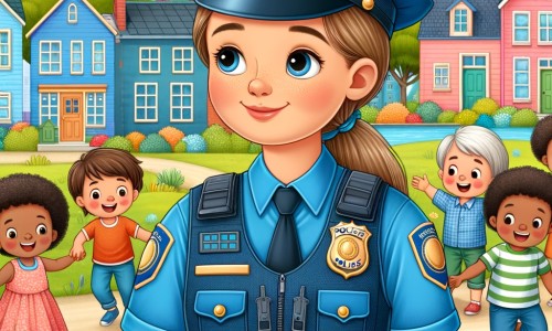 Une illustration pour enfants représentant une policière courageuse et juste qui patrouille dans une petite ville paisible, résolvant des problèmes et aidant les habitants.