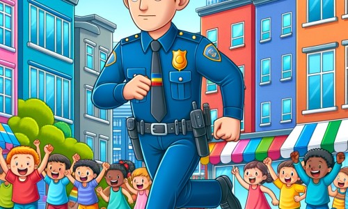 Une illustration destinée aux enfants représentant un courageux policier, vêtu de son uniforme bleu, en train de poursuivre un voleur à travers les rues animées d'une ville colorée et joyeuse, avec des enfants qui l'encouragent et des bâtiments aux façades colorées bordant la route.