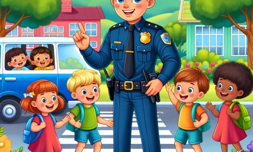 Une illustration pour enfants représentant un policier courageux qui aide une école à organiser une journée de sécurité routière pour les enfants, dans le cadre chaleureux et accueillant d'une école.