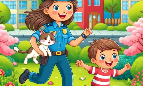 Une illustration destinée aux enfants représentant une femme policière, souriante et dynamique, aidant un petit garçon à retrouver son chat disparu, dans un quartier coloré avec des maisons aux toits rouges, des arbres fleuris et un parc verdoyant en arrière-plan.