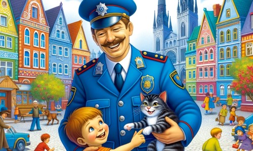 Une illustration destinée aux enfants représentant un homme joyeux, vêtu d'un uniforme bleu de policier, aidant un petit garçon à retrouver son chat perdu, dans une ville animée avec des maisons colorées, des arbres en fleurs et des enfants qui jouent dans les rues.