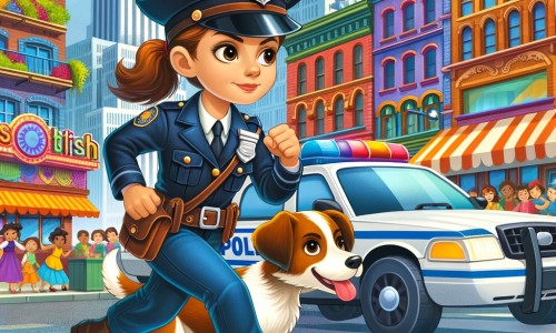 Une illustration destinée aux enfants représentant un courageux policier au cœur d'une enquête captivante, accompagné de son fidèle chien, dans les rues animées et colorées d'une ville pleine de vie.
