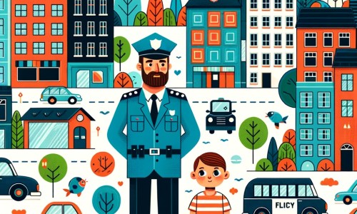 Une illustration destinée aux enfants représentant un homme en uniforme bleu, accompagné d'un jeune garçon curieux, dans une ville animée avec des voitures, des arbres et des bâtiments colorés.