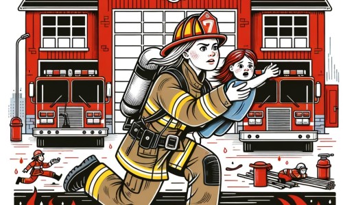 Une illustration pour enfants représentant une femme pompier courageuse et déterminée, luttant contre un incendie dans une petite ville animée.