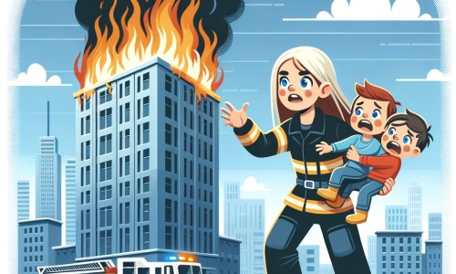 Une illustration destinée aux enfants représentant une femme pompier courageuse, sauvant deux enfants paniqués d'un immeuble en flammes, avec en toile de fond un immeuble haut et imposant, embrasé par un incendie, au cœur d'une ville animée.