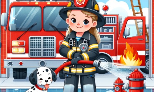 Une illustration pour enfants représentant une femme pompière, combattant les flammes dans une maison en feu, au sein d'une caserne de pompiers.
