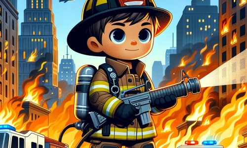 Une illustration pour enfants représentant un jeune homme passionné par les pompiers, se retrouvant au cœur d'une mission périlleuse dans une ville enflammée.