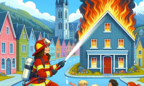 Une illustration pour enfants représentant une femme pompier courageuse luttant contre un incendie dans une petite ville pleine de maisons colorées.