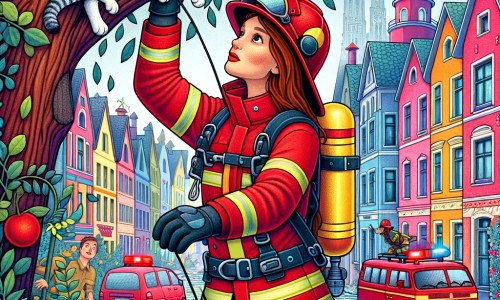 Une illustration pour enfants représentant une pompière courageuse qui sauve des vies lors d'un incendie dans un immeuble, à la caserne des pompiers.