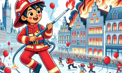 Une illustration pour enfants représentant un homme courageux en uniforme de pompier, au milieu d'un incendie, dans une ville animée.