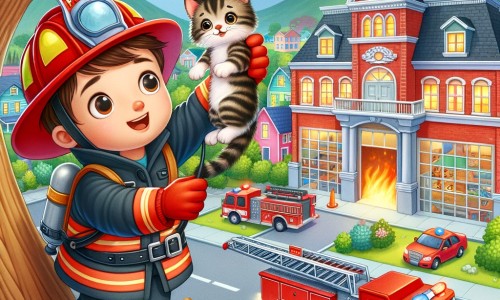 Une illustration pour enfants représentant un pompier courageux qui sauve un chaton coincé dans un arbre, au milieu d'une ville en effervescence.