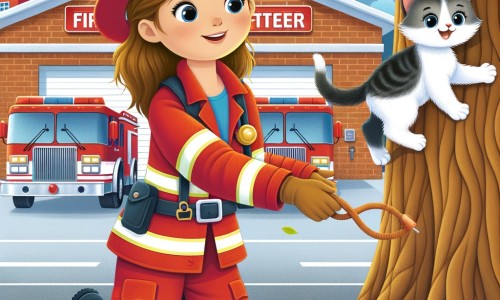 Une illustration pour enfants représentant un homme en uniforme rouge de pompier, qui sauve un chat coincé dans un arbre, à la caserne de pompiers de la ville.