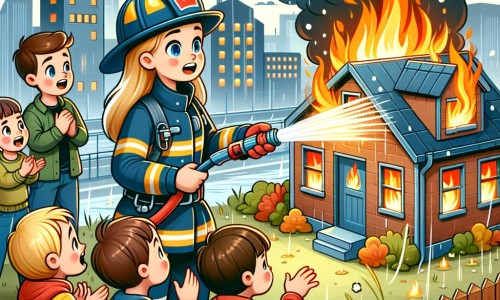 Une illustration pour enfants représentant une femme pompière courageuse et déterminée, qui travaille à la caserne des pompiers et doit sauver une maison en feu.