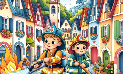 Une illustration pour enfants représentant un homme courageux en uniforme de pompier, luttant contre un incendie dans une petite ville appelée Villejoyeuse.