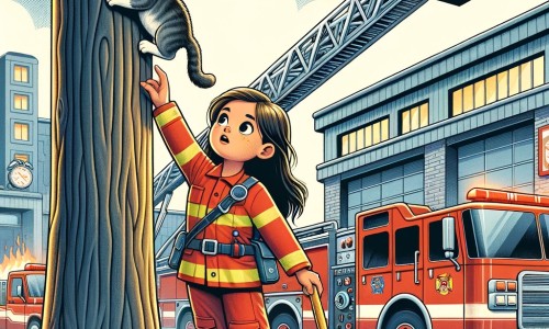 Une illustration destinée aux enfants représentant une jeune femme audacieuse et courageuse, vêtue d'un uniforme de pompier rouge vif, en train de sauver un chat coincé tout en haut d'un grand arbre, dans une caserne de pompiers animée par des camions rouges brillants et une grande échelle étendue vers le ciel.