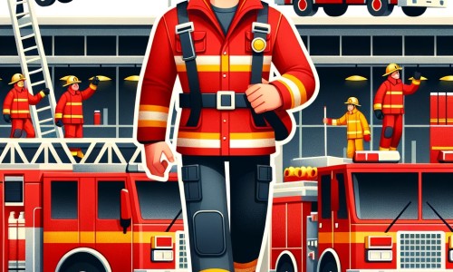Une illustration destinée aux enfants représentant un homme courageux vêtu de rouge, évoluant au milieu d'une caserne de pompiers animée, avec des camions rouges étincelants et une grande échelle jaune, prêt à partir en mission pour sauver des vies.