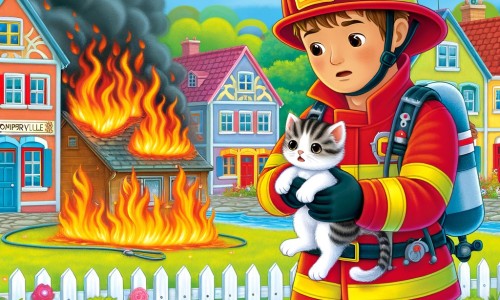 Une illustration pour enfants représentant un pompier courageux dans une ville enflammée.