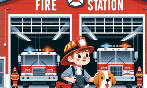 Une illustration pour enfants représentant un jeune garçon passionné par les camions de pompiers qui visite la caserne de pompiers de sa ville et se retrouve involontairement impliqué dans une intervention héroïque.