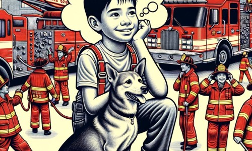 Une illustration destinée aux enfants représentant un jeune homme rêvant de devenir pompier, accompagné d'un chien courageux, dans une caserne de pompiers vibrante d'activité avec de grands camions rouges et des uniformes brillants.