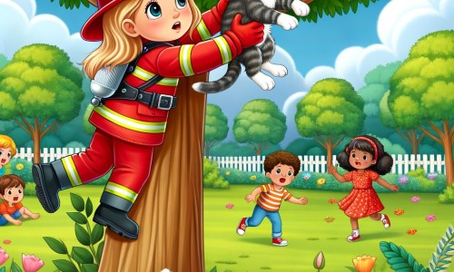 Une illustration destinée aux enfants représentant une femme pompier courageuse et déterminée, en uniforme rouge et casque brillant, qui sauve un chaton coincé tout en haut d'un grand arbre dans un joli parc verdoyant avec des fleurs colorées et des enfants qui jouent joyeusement autour.