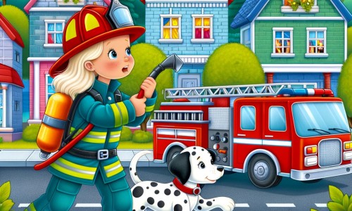 Une illustration destinée aux enfants représentant une femme pompier courageuse, luttant contre un incendie dans une maison en feu, avec l'aide précieuse d'un adorable chien dalmatien, dans une petite ville animée avec des maisons colorées, des arbres verts et un camion de pompiers rouge vif.