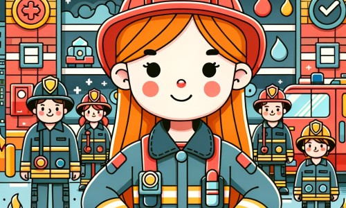 Une illustration pour enfants représentant une femme pompier courageuse, qui sauve des vies et éteint des incendies, dans une caserne de pompiers.