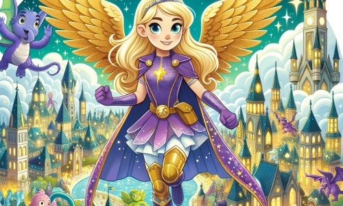Une illustration destinée aux enfants représentant une super-héroïne, vêtue d'un costume violet, aux longs cheveux blonds et aux ailes dorées, volant au-dessus d'une ville magique remplie de tours scintillantes et de créatures fantastiques, prête à affronter une menace avec l'aide de ses amis.
