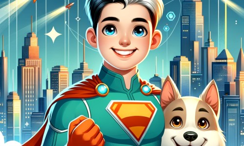 Une illustration pour enfants représentant un homme courageux doté de pouvoirs extraordinaires, protégeant une ville fantastique de la menace d'un super-vilain.