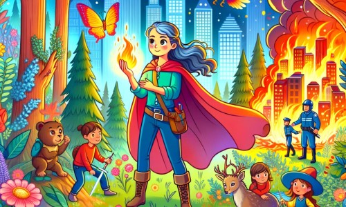 Une illustration pour enfants représentant une jeune femme dotée d'un pouvoir spécial qui doit sauver sa ville d'un méchant docteur dans une ambiance de super-héros, le tout se déroulant dans une ville moderne.