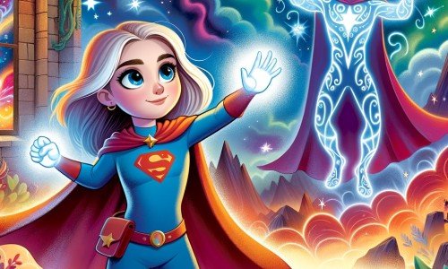 Une illustration pour enfants représentant une super-héroïne aux pouvoirs magiques, confrontée à un ennemi mystérieux, dans un monde fantastique.