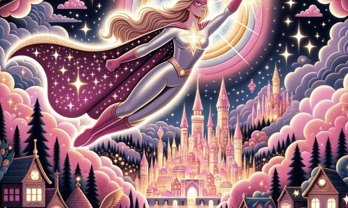 Une illustration destinée aux enfants représentant une super-héroïne étincelante, dotée de pouvoirs magiques de contrôle de la lumière, combattant un méchant sorcier dans une ville enchantée appelée Arc-en-Ciel, entourée de nuages roses et d'arbres scintillants dans l'obscurité.