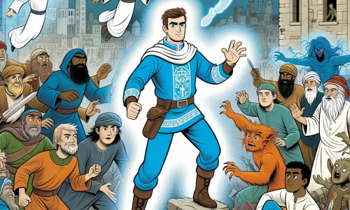 Une illustration pour enfants représentant un homme courageux doté de pouvoirs extraordinaires, affrontant la Menace Fantôme dans une ville en perdition.