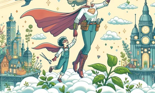 Une illustration destinée aux enfants représentant une super-héroïne intrépide, volant dans le ciel avec grâce, accompagnée de son fidèle ami inventeur, dans une ville fantastique flottant dans les nuages, où les plantes prennent vie grâce à un cristal magique étincelant.