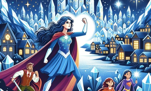 Une illustration pour enfants représentant une super-héroïne dotée de pouvoirs incroyables, qui protège la ville de Cristal de l'attaque maléfique du Dr. Noir dans un monde fantastique rempli de magie et de merveilles.