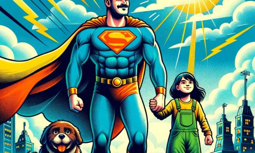 Une illustration destinée aux enfants représentant un homme à la cape colorée, doté de pouvoirs extraordinaires, combattant le mal aux côtés de son fidèle ami, dans la vibrante et lumineuse ville de SuperVille.